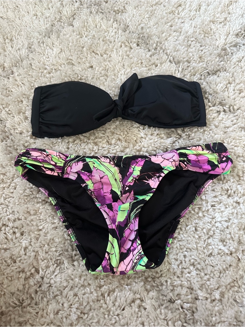 Black Bandeau Bikini Top with Neon Floral Bikini Bottom
